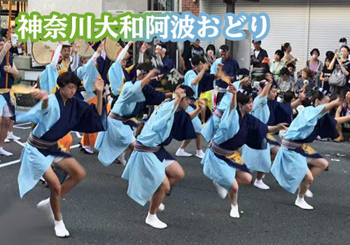 神奈川大和阿波おどりで力強く踊る男性グループ(青と水色の衣装)